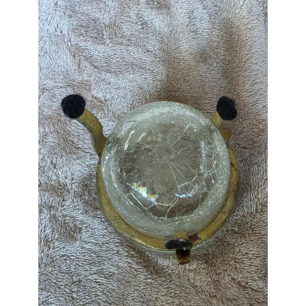 Vintage Crackle Glass Votive Candle Holder with Brass Tone Metal Tripod Stand